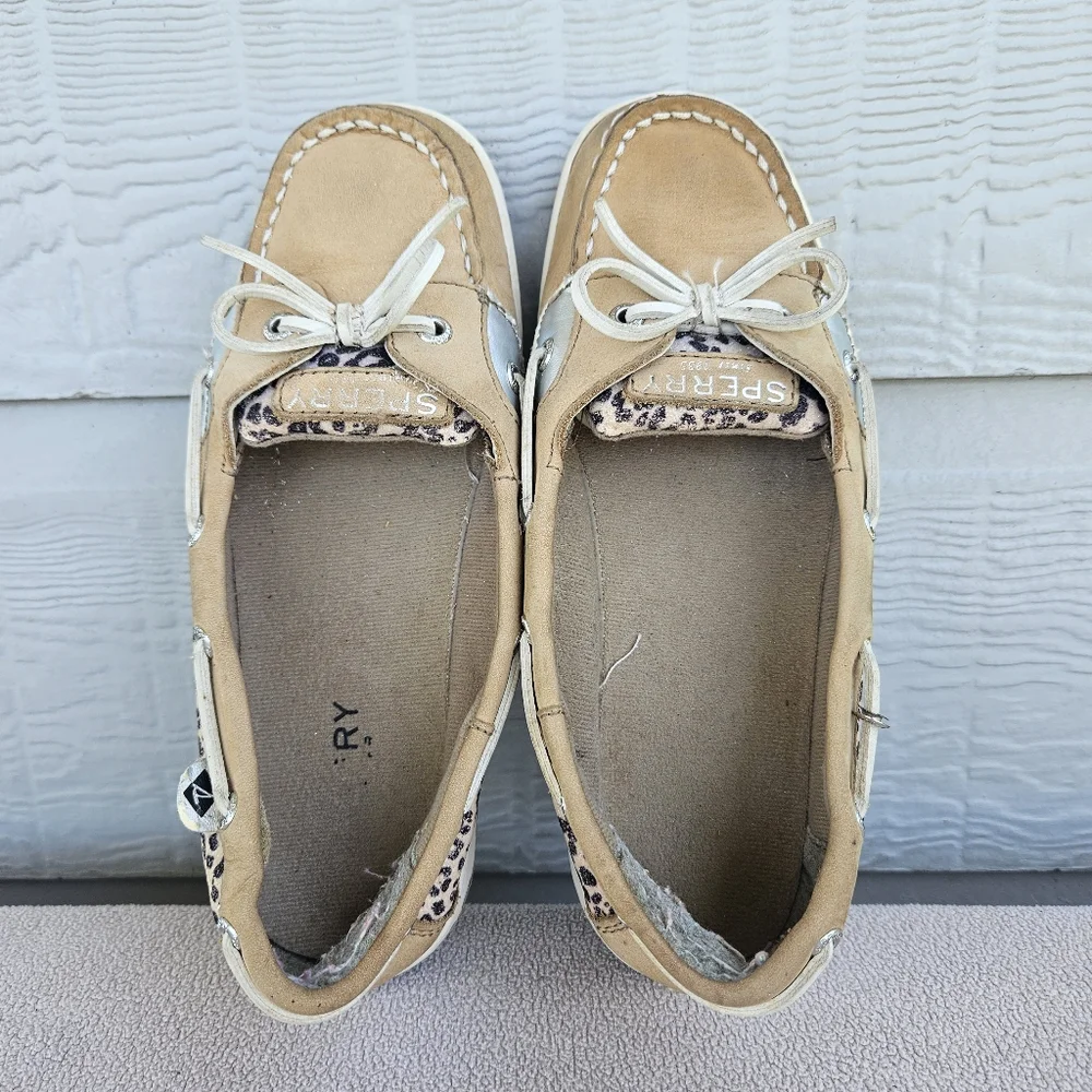 Sperry Top-Sider Angelfish Leather Suede Boat Shoes Leopard Youth Size 4 Tan